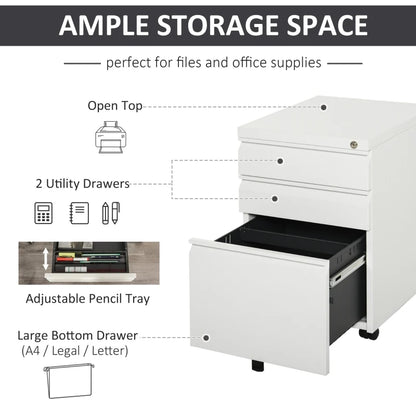 Vertical Metal Lockable Filing Cabinet with 3-Drawers - White