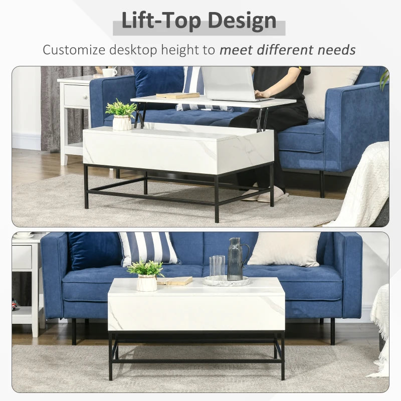 Marble Effect - Lifting Tabletop Coffee Table with Hidden Storage Compartment