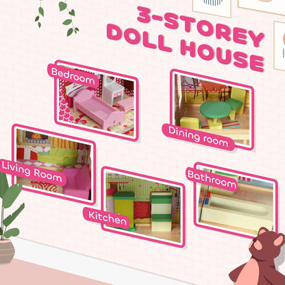 3-Storey Wooden Dolls House Play Set with 13 Pieces and Accessories