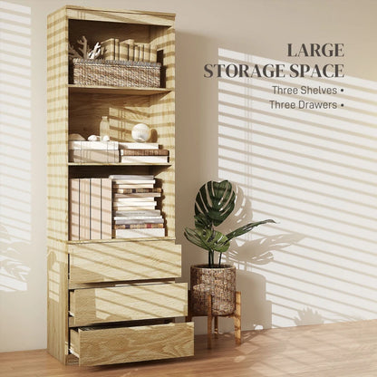 180cm Tall Bookcase with 3-Tier Shelving and 3 Drawer Storage Compartments - Wood Effect