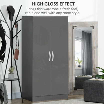 High Gloss Grey 2-Door Wardrobe with Hanging Rod and Storage Shelf