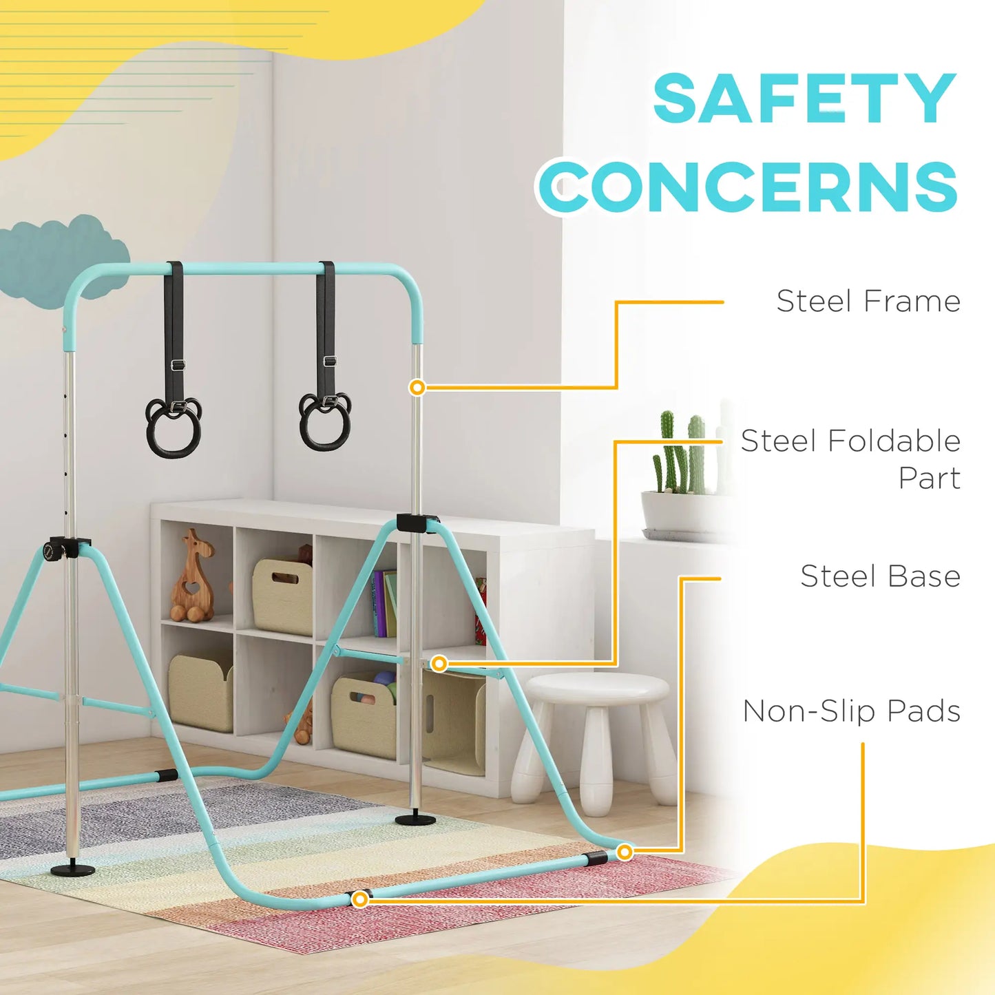 Adjustable Height Gymnastics Bar with Gymnastic Rings Attachment Included - For Kids - Green