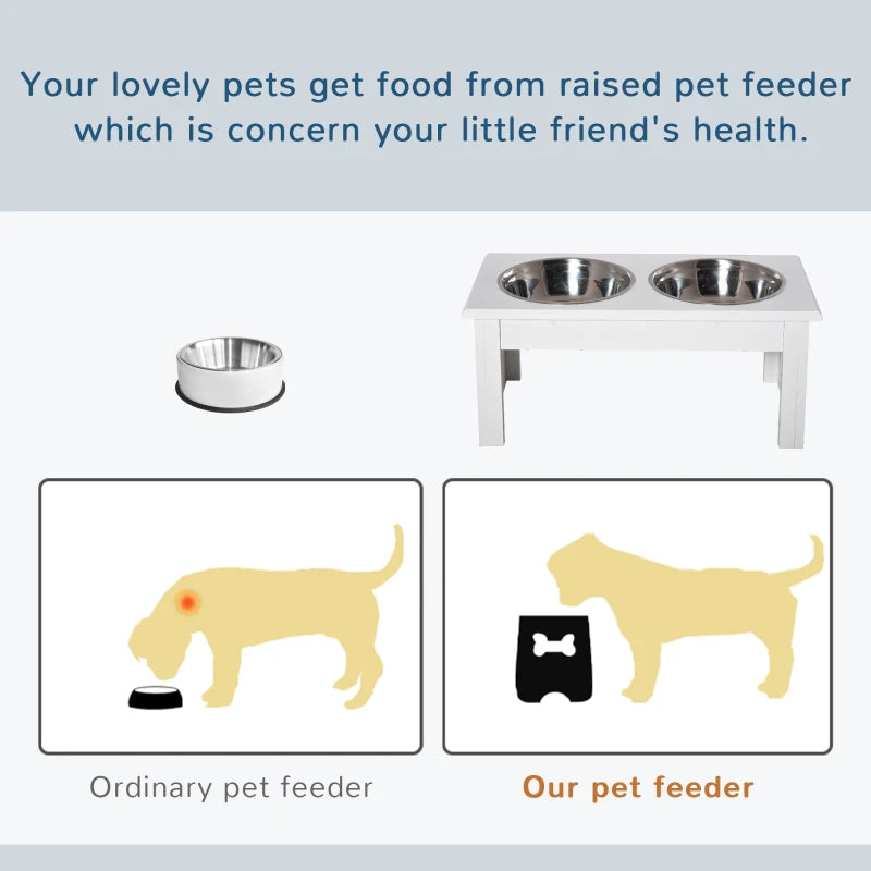 Raised Wooden Feeder with 2 Stainless Steel Bowls for Extra Small and Small Dogs - White