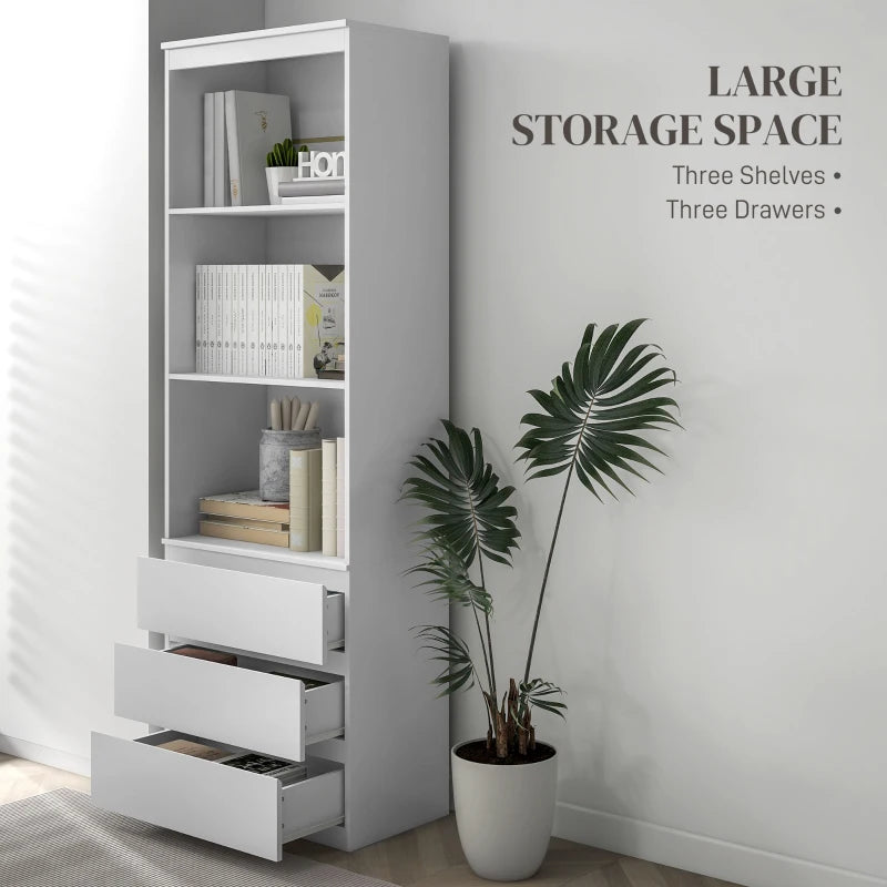 180cm Tall Bookcase with 3-Tier Shelving and 3 Drawer Storage Compartments