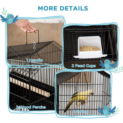 Metal Tabletop Bird Cage - House Style Design with Swing, Perches, Feeding Cups and Dropping Tray