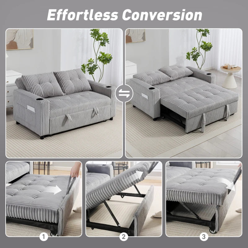 2 Seater Corduroy Sofa bed with Pull-out Design, Cupholders and Side Storage Sleeves - Grey