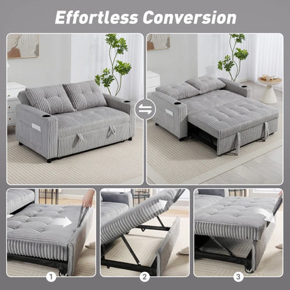 2 Seater Corduroy Sofa bed with Pull-out Design, Cupholders and Side Storage Sleeves - Grey