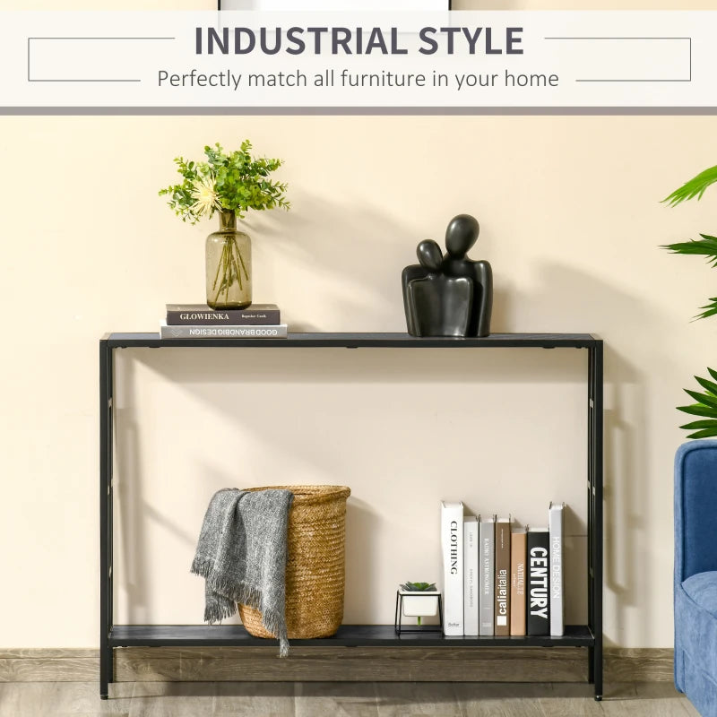 Industrial Style Slim Side Console Table with Metal Frame - Black