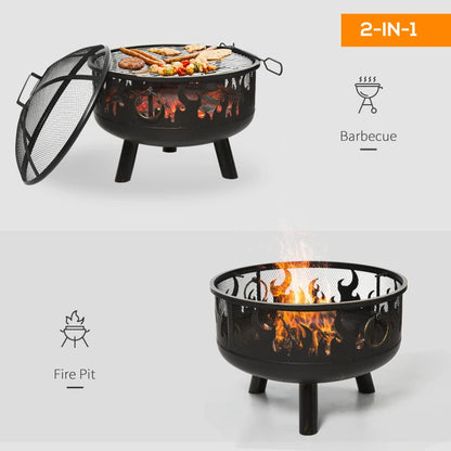 2-in-1 Metal Bonfire Firepit Bowl with Lid, Grill Tray and Poker with Flame Style Print