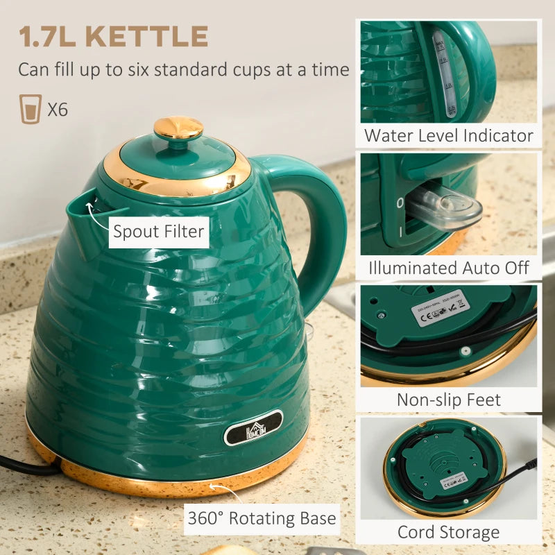 Kettle (1.7L) and Toaster Set with 7 Browning Controls and Crumb Tray (4 Slice) - Emerald