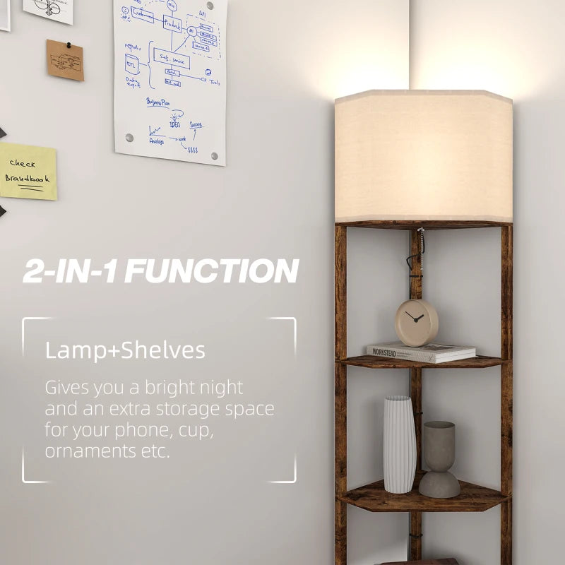 Farmhouse style - Corner Floor Light with 3-Tier Shelving and wood effect