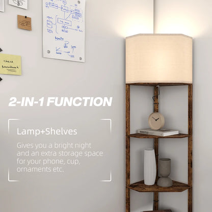 Farmhouse style - Corner Floor Light with 3-Tier Shelving and wood effect