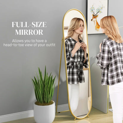 Curved Oval Shape Full Length Mirror - Freestanding or Wall Mounted - Gold Tone Bezel