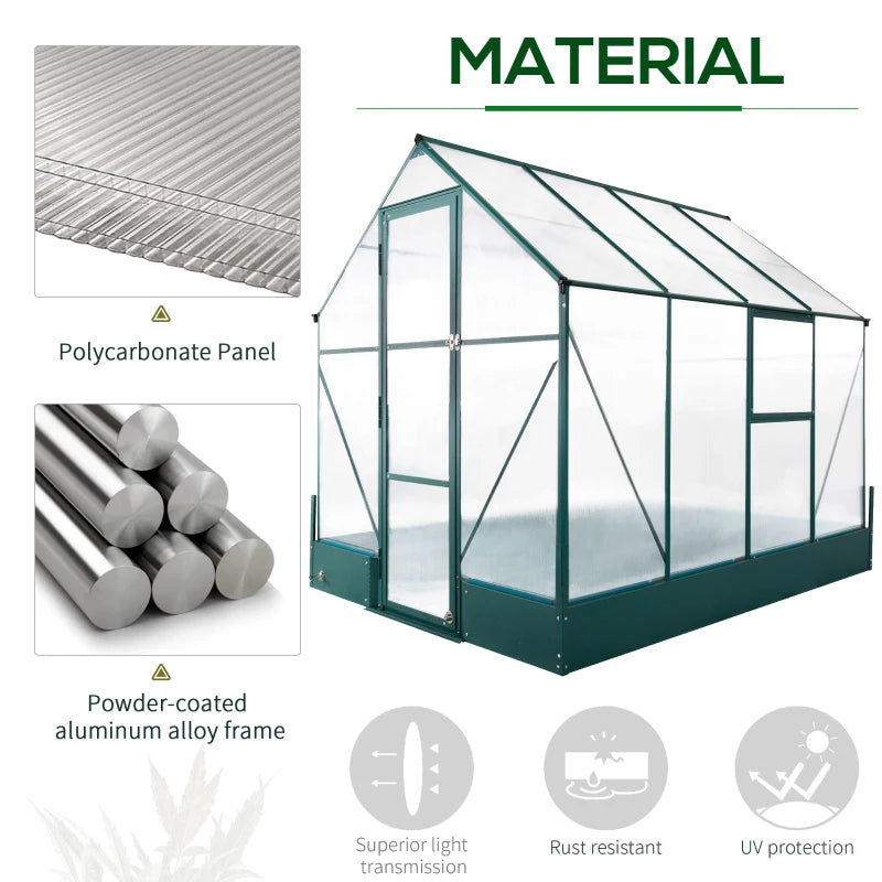 Walk-In Aluminium / Polycarbonate Greenhouse with Plant Bed and Windows - (6 x 8ft)