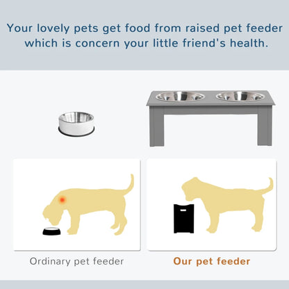 Raised Wooden Feeder with 2 Stainless Steel Bowls for Extra Small and Small Dogs - Grey