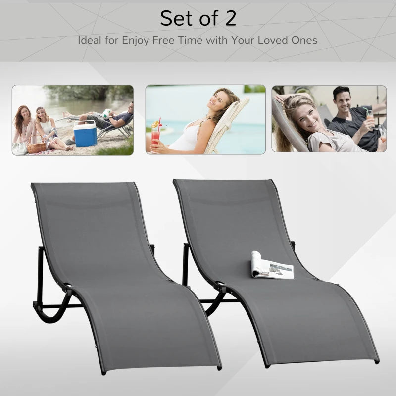 Set of 2 - Foldable S-Shaped Sun Lounger Set - Grey