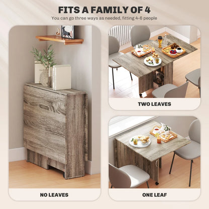 Foldaway Drop Leaf Dining Table with 2-Tier Shelving - Natural Grey Wood Finish