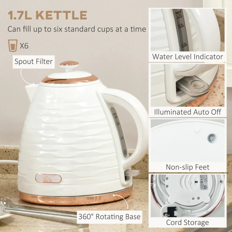 Kettle (1.7L) and Toaster Set with 7 Browning Controls and Crumb Tray (4 Slice) - White / Rose Gold