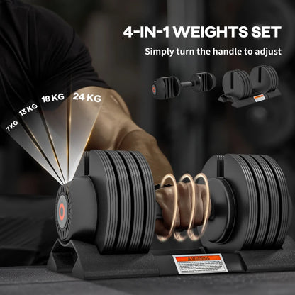 Smart Adjustable Dumbbell Set, 7kg, 13kg, 18kg, 24kg with Storage Tray