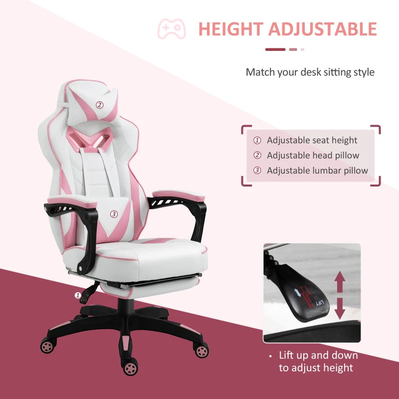 Computer Gaming Chair with Lumbar Support and Footrest - Pink / White