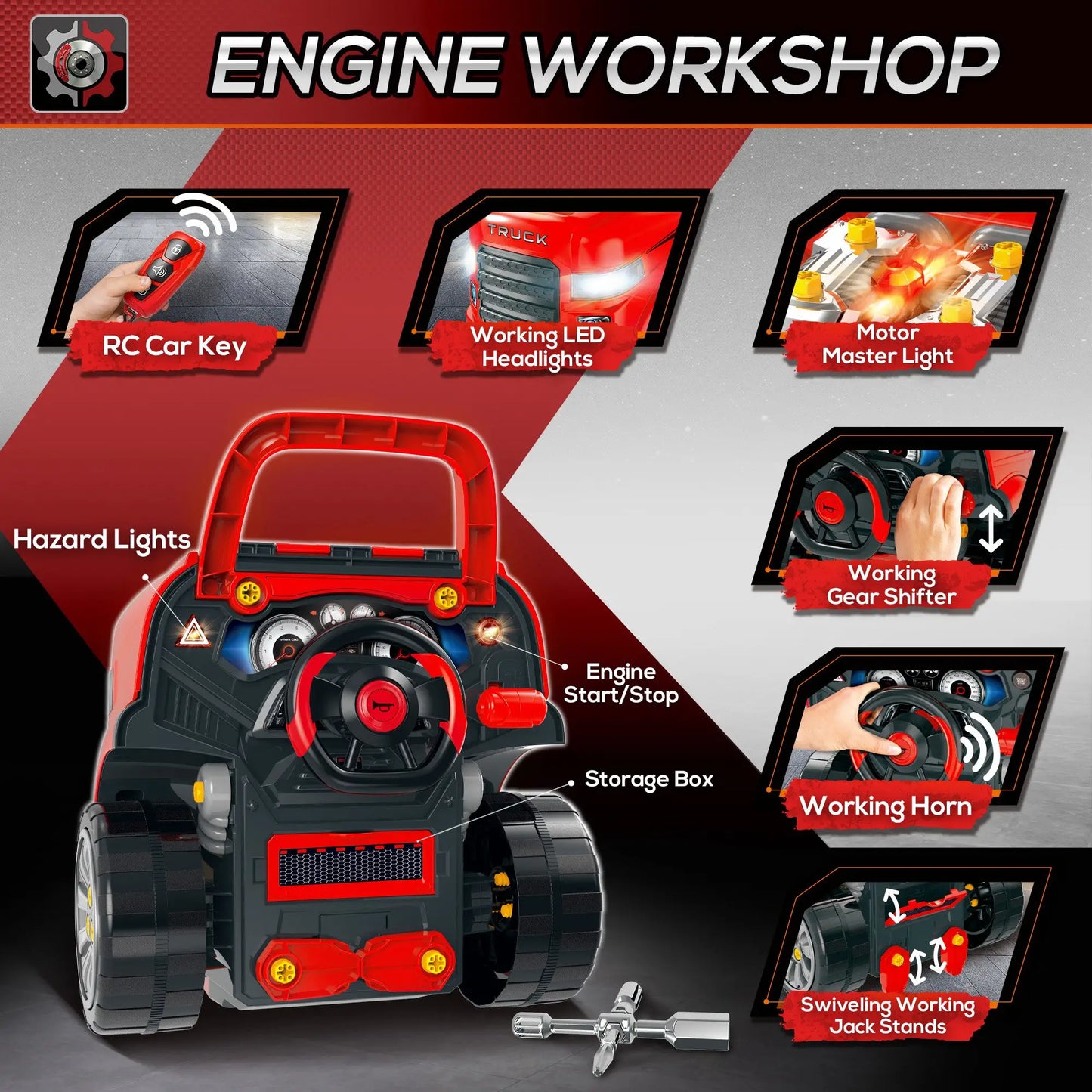 Kids Truck Engine Car Service Station / Take Apart Workshop with R/C Car Key and Lights