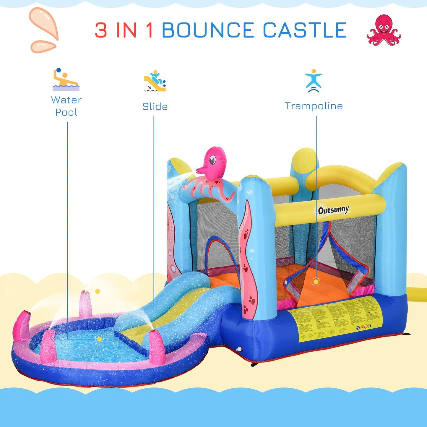 Octopus Design Bouncy Castle with Water Paddle Pool and Spraying Octopus