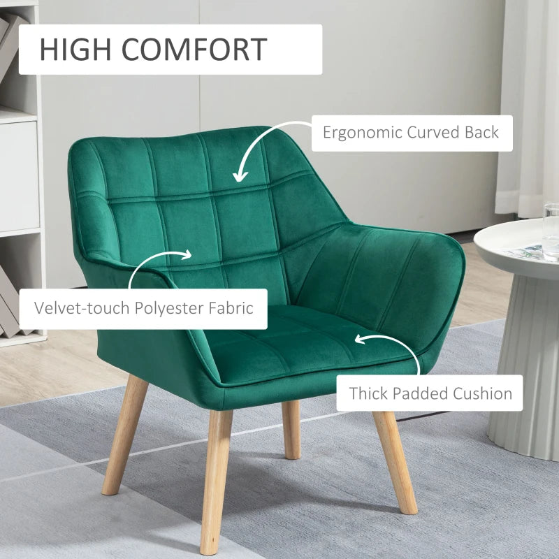 Wide Slanted Back Armchair with Padded Cushion, Iron Frame & Wooden Legs - Emerald