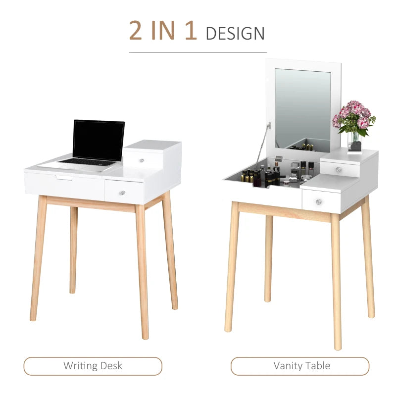 Flip Up Mirror Dressing Table with 3-Drawer Storage and Two-Tone White and Pine