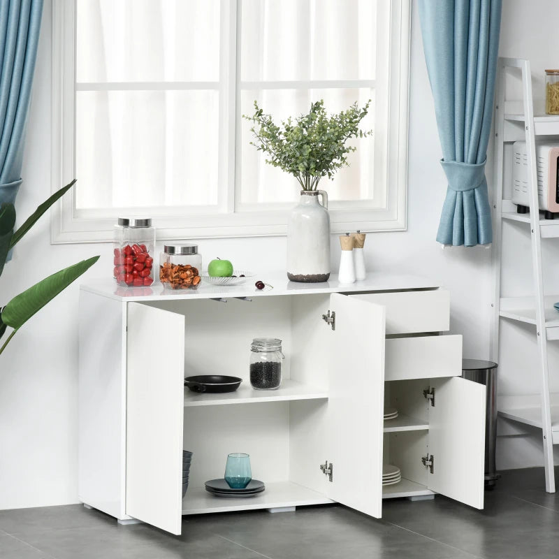 High Gloss Push-Open Design Storage Cabinet with Large & Small Cupboard and 2 Flatbed Drawers - White