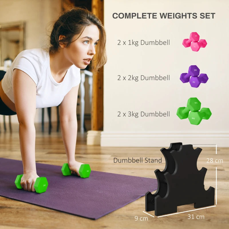 Strength Training Dumbbell Set of 2x 1kg, 2x 2kg, 2x 3kg with Dumbbell Rack / Organiser