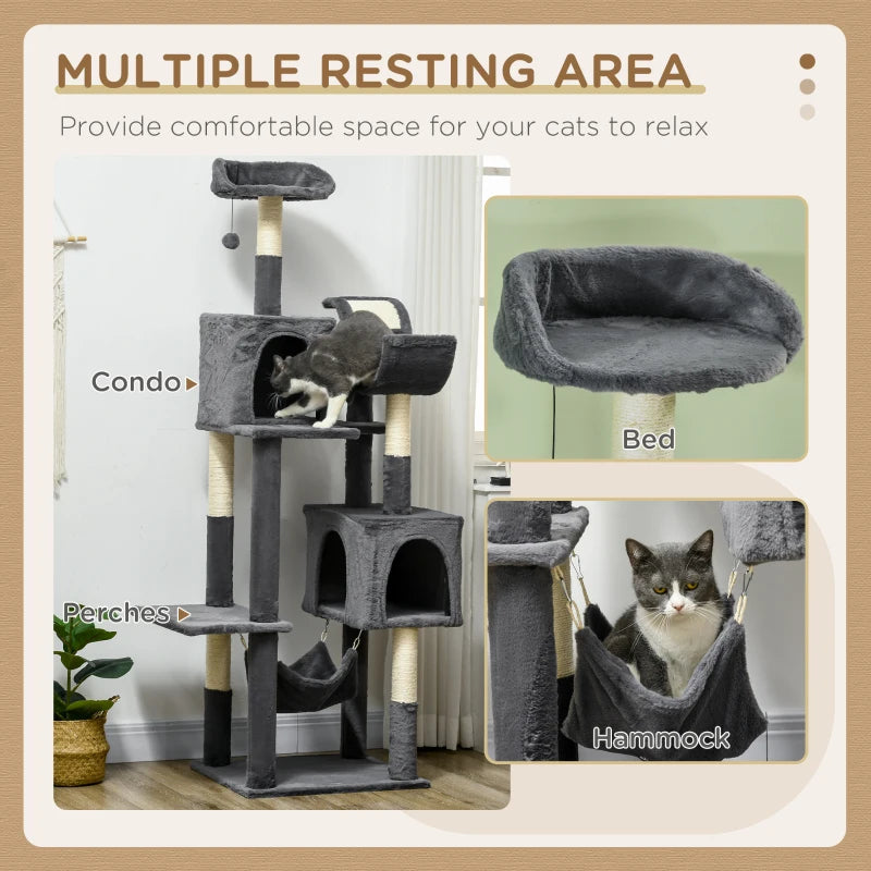 177cm Cat Tree with Scratching Post, Hammock 2 Houses and Top Bed