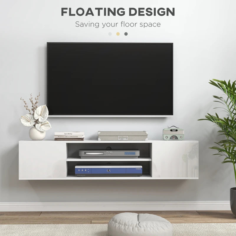 White - Floating Media Center / TV Stand with Open Shelving and Storage Cupboards