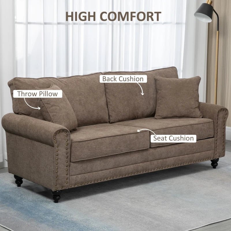 3-Seater Sofa with Nailhead Trim Armrest Design, Cushions and Pillows