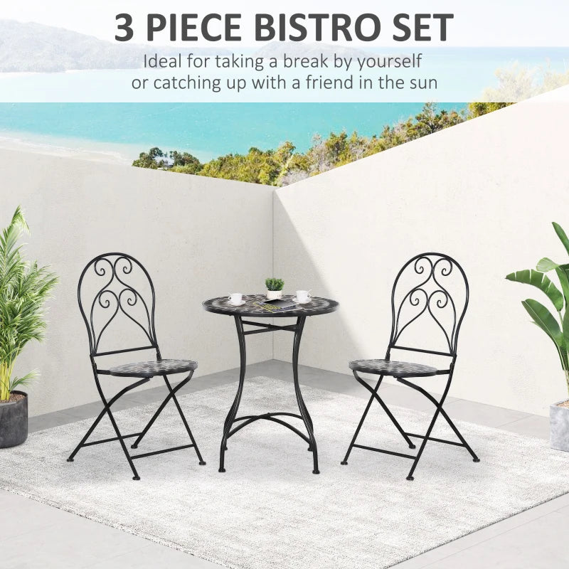 3-Piece - Metal Frame Garden Bistro Set with Mosaic Seat and Table Tile Top - Coffee Table and 2 Folding Chairs