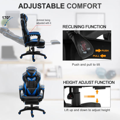 Computer Gaming Chair with Lumbar Support and Footrest - Blue / Black