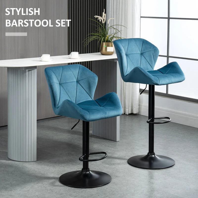 Set of 2 Geometric Style Velvet Barstools / Breakfast Bar Stools with Adjustable Height and Footrest - Sky Blue