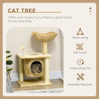 Small Cat Tree with Scratching Post, Cat House, Top Bed and Toy Ball