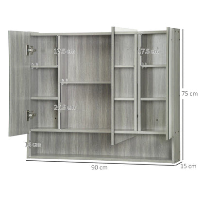 3 Cabinet Wall Mounted Storage Mirror with Bottom Shelf and Adjustable Inner Shelves