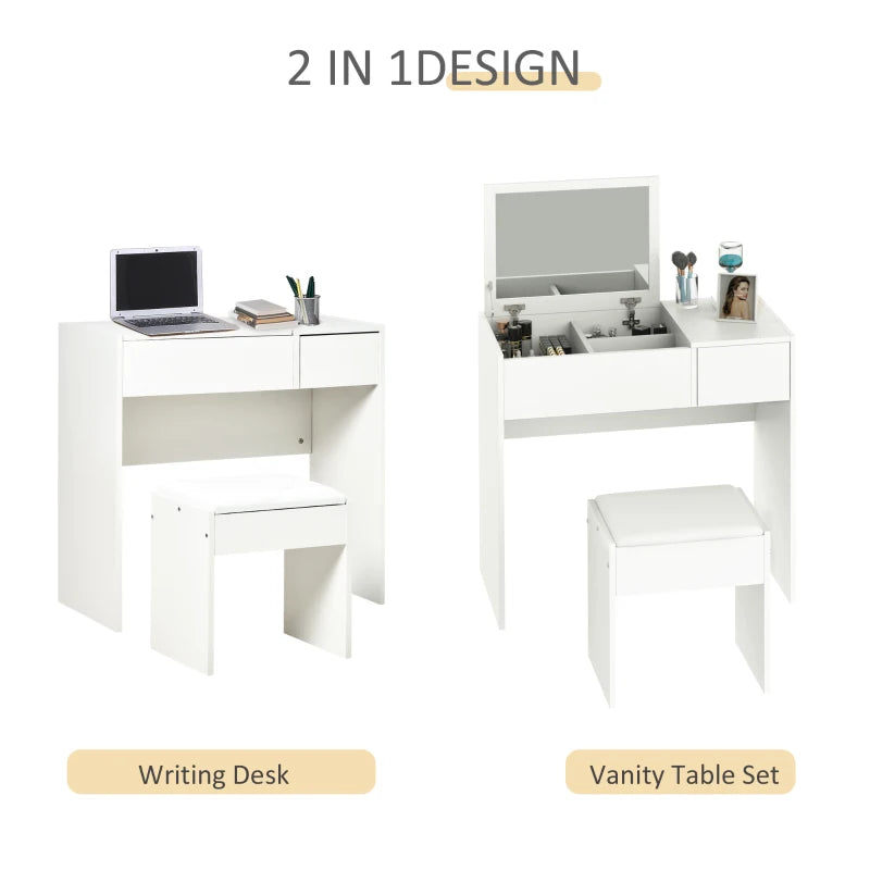 Makeup Dressing Table with Built In Flip up Vanity Mirror & Cube Seat - White