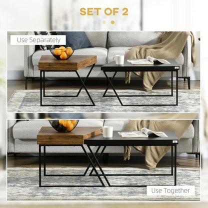 Two-Tone Wood Effect & Black - Nesting Coffee Table Set with Steel Frame