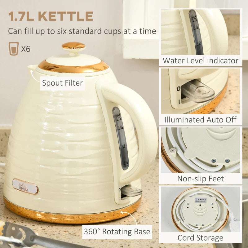 Kettle (1.7L) and Toaster Set with 7 Browning Controls and Crumb Tray (4 Slice) - Beige / Gold