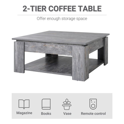 Wood Grain Effect - 2-Tier Modern Low Sitting Square Coffee Table with Underneath Storage Shelf