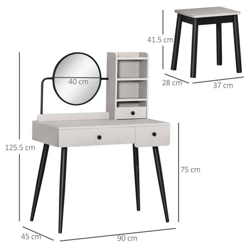 Modern Style Dressing Table with Round Mirror & Stool