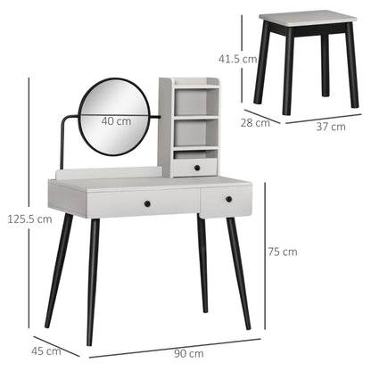 Modern Style Dressing Table with Round Mirror & Stool