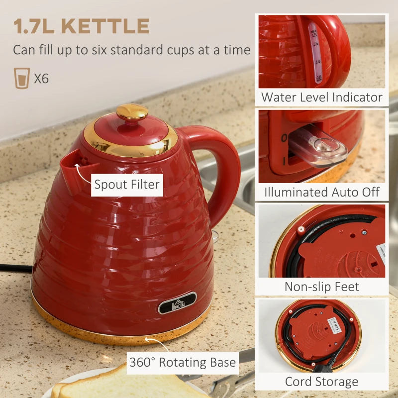 Kettle (1.7L) and Toaster Set with 7 Browning Controls and Crumb Tray (4 Slice) - Red / Gold