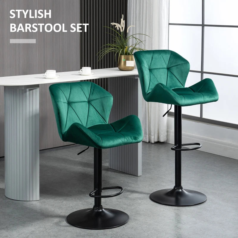 Set of 2 Geometric Style Velvet Barstools / Breakfast Bar Stools with Adjustable Height and Footrest - Emerald