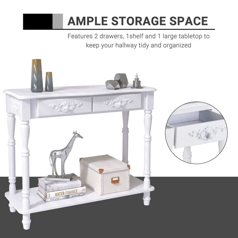 Traditional Style Patterned Side Console Table with 2 Storage Drawers and Underneath Display Shelf