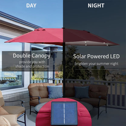 LED - Double Sided Parasol Sun Umbrella - Solar Lights - (4.4m) - (Base Not Included) - Wine Red