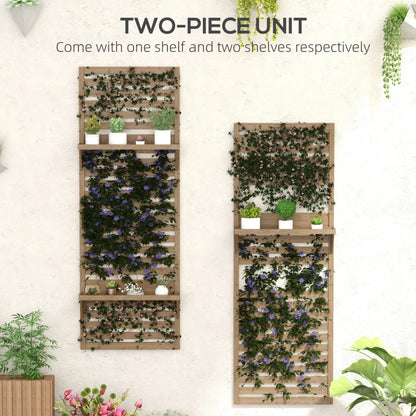 Set of 2 - Wall Mounted Plant Stand / Flower Rack with Back Trellis - Natural Wood Effect