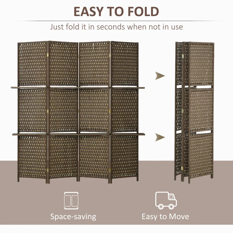 4-Panel Room Divider with Shelves, Wave Fibre Freestanding Folding Privacy Screen Panels